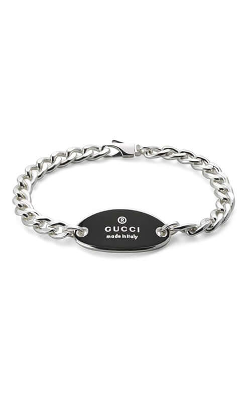 Gucci Trademark Chain Silver Bracelet with Black Enamel Tag YBA797043001